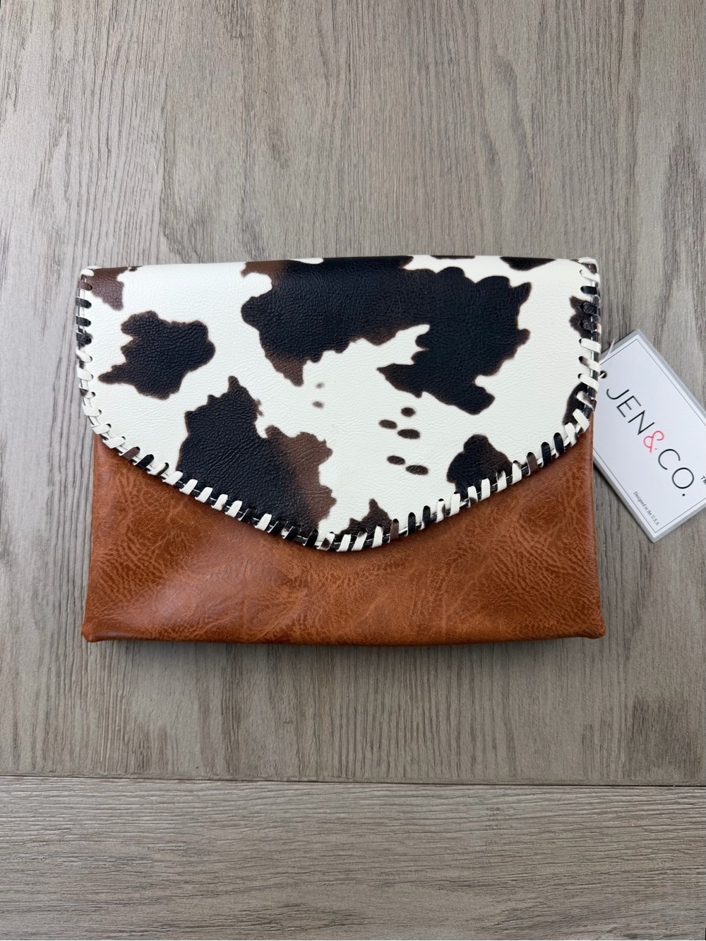 Jen & Co. Sloane Vegan Leather Cow Print Whipstitch Crossbody Bag NWT
